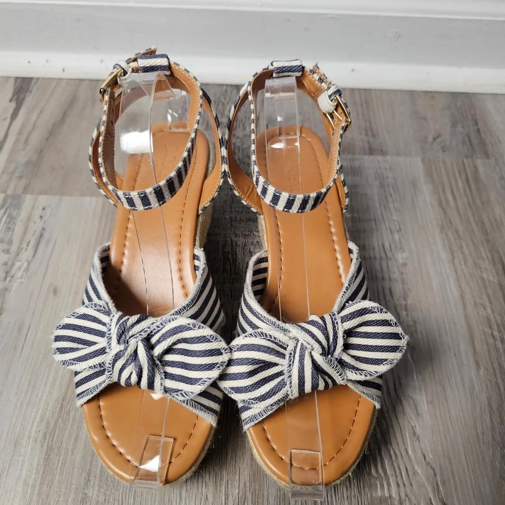 J Crew Womens Striped Knot Bow Platform Espadrille Wedge Sandals 7.5 Nautical